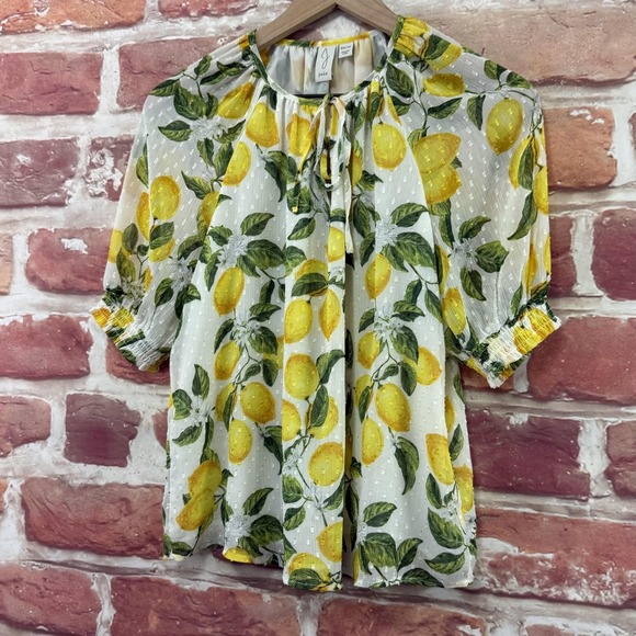 Joie Top Women's XS Yellow Citrus Lemon Print Sheer Chiffon Puff Sleeve Shirt - Picture 3 of 9